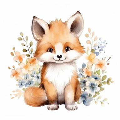watercolor spring baby fox woodland creature on white backgroung, nursery decor, baby shower clip art, cute and whimsical design