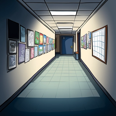 clipart style simple drawing of an empty hallway at an elementary school with posters and displays on the walls
