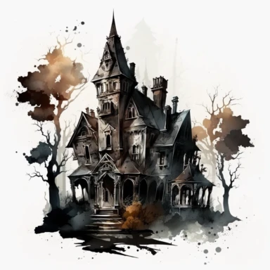 isolated clipart image of a spooky gothic house with intricate architectural details, twisted spires, and looming shadows, each house unique in its design, showcasing different elements like pointed windows, wrought-iron gates, and weathered stone walls, surrounded by a foggy atmosphere that adds a sense of mystery and intrigue, watercolor painting, delicate brushstrokes capturing the eerie charm,