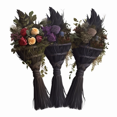 clipart, little gothic witch broom variations decorated with greenery and roses, isolated on a white background, vector, dark colors, realistic, 3D, no shadows, super-resolution, 32K, no shadows