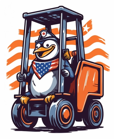 Showcasing a cartoon penguin as a forklift operator, with the design featuring patriotic elements and colors reminiscent of the United States flag. The overall design can appear polished and poignant, with the penguin proudly operating the forklift, that can be used as a sticker, colorful, highly detailed, with a white background, in the style of Pixar clipart, and no cut off edges.