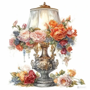 watercolor mixed media masterpiece beautiful royal white table lamp with lampshade, richly decorated with roses and jewelry, pots with flowers, bedroom interior, floral pattern, shabby shic style, by Ivan Fedorovich Choultse style and by Rodney Matthews style and by Vladimir Kush style and by Hans Zatzka style, Baroque style, PNG clipart, isolated on white, extreme photorealistic details, 32k HD resolution, realistic high detailization high resolution