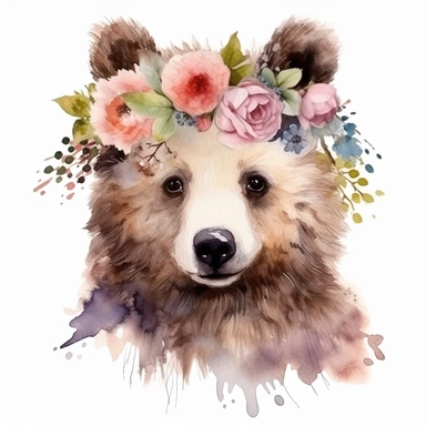 isolated clipart, cute bear with flowers on its head, highly realistic, flickr, watercolorist, uhd image, multi-layered mixed media