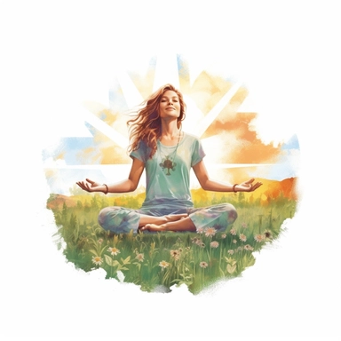 enchanted Front illumination of ultra realistic watercolor of full body of an insanely beautiful hippie country happy woman, doing yoga pose in grass field , highly detailed and realistic, insane quality, mystic, wiccan, art nouveau art style, clipart witchcore dreamcore cottagecore, good looking meditation, yoga calm, serene, healthy, white background no text, isolated on white, watercolor illustration, award winning, strong and sharp lines