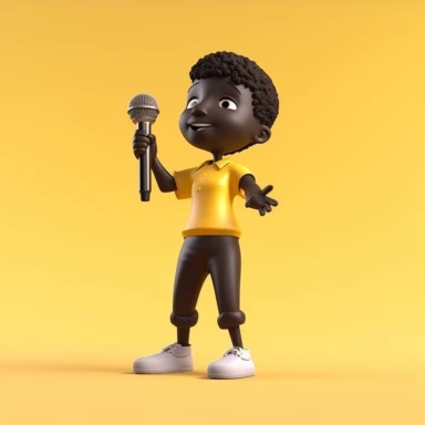 3d render, cartoon character dark skin tone hand holds microphone. Rock concert clip art isolated on yellow background