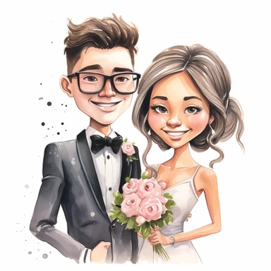 portret of a Cartoon wedding pair, just married, cute family, style by Lusy Fleming, watercolor, clipart elements, smooth gradients, black contour outline, ultra detailed, white background, super clear, high quality