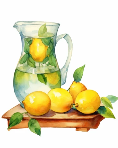 water color clipart of Lemonade stand and fresh lemon juice in pitcher and glasses, Watercolor Sublimation design, white background for removing background