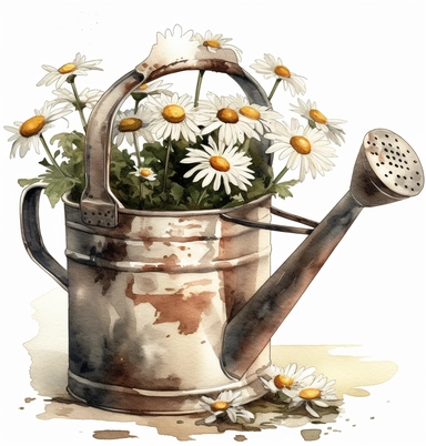 DESIGN A MAGNIFICENT AND EXQUISITE BREATHTAKING ONE-OF-A-KIND HIGH QUALITY HIGHLY DETAILED MASTERPIECE WATERCOLOR CLIPART ILLUSTRATION OF an old fashioned watering can with daisies on it, in the style of lovely, appropriated images, i can't believe how beautiful this is, joyful and optimistic, white and silver, realistic yet stylized