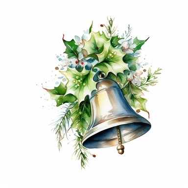 Christmas Bells Clipart, lateral view, clipart, transparent background, clear background, green leaves, high resolution, watercolor, vector, 12k, 300 dpi, 12: 12 ratio