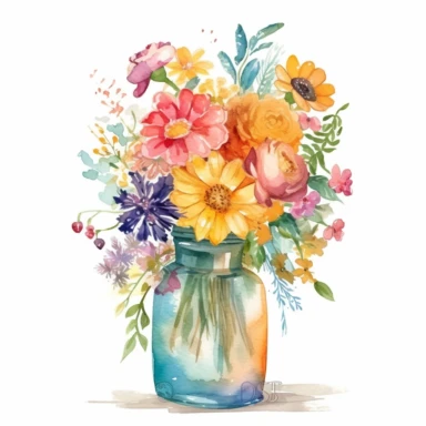 Transparent Vase of summer Flowers Clipart, High Quality, Digital print , water colors, cheerful vibe , vector art