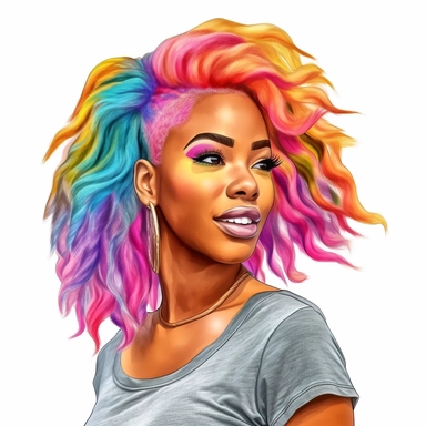 black African American woman with rainbow hair portrait clipart, watercolor style, hyper realistic, detailed, white background