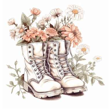 cottagecore clipart. white combat boots decorated with flowers. on a white background. cottagecore, feminine, frilly