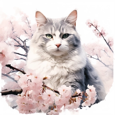 Ragdoll Cat wearing a dream-color Japanese kimono wanders under the grand Osaka Castle, surrounded by cherry blossoms in the park below. Clipart Watercolor By Yuzo Komori. clean line, on white background only, spaced out, with space around.