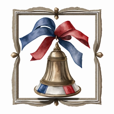 A clipart of the Liberty Bell with a red, white, and blue ribbon, Watercolor, Clipart, transparent background PNG