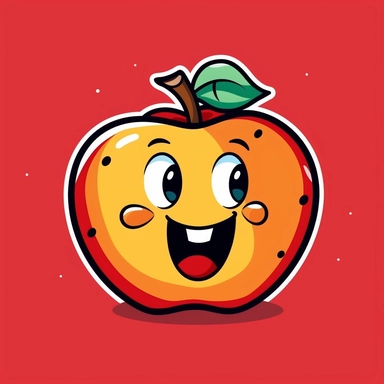 Create a fun and playful clipart of an apple in a cartoon style. Ensure that the apple is the focal point of the drawing with a plain, high contrasted background. Use bright and bold colors to make the apple stand out and consider adding a happy expression or other details to give the apple a personality. The clipart should be suitable for use as a simple graphic in various digital or print materials, such as a logo or icon.