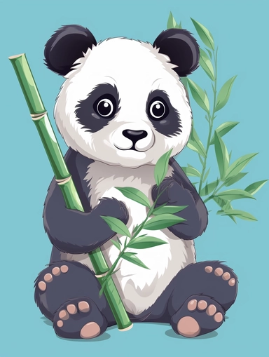 panda cute holding bamboo, vector, png, clipart, 2D, poster art, blue background,