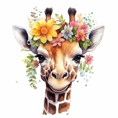 a captivating watercolor clipart image with a white background and white margins, featuring a cute sweet kawaii extremely happy smiling baby giraffe suurounded by flowers. The ultra-detailed, hand-drawn elements capture the details. Use vibrant shades of various colors to create a visually appealing image