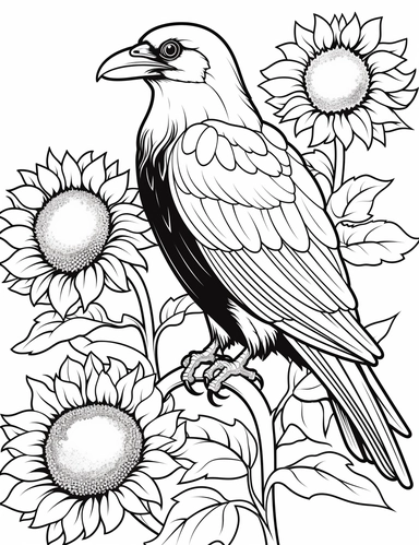 clipart cartoon friendly raven, sunflower in the style of Pierre-Auguste Renior black and white child's coloring book, black and white smooth thick lines, solid white background, no background