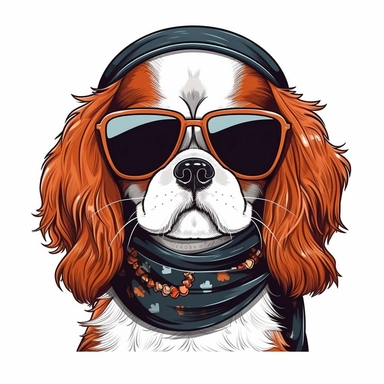 funny kawaii Cavalier King Charles with Balenciaga sunglasses and cool bandana or necklaces,cute illustration, clipart, white backgound, Cuttable Design