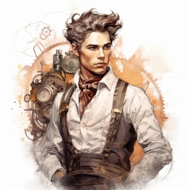 beautiful stunning handsome steampunk young man, paint art style, clipart, white background, superrealistic, one of a kind