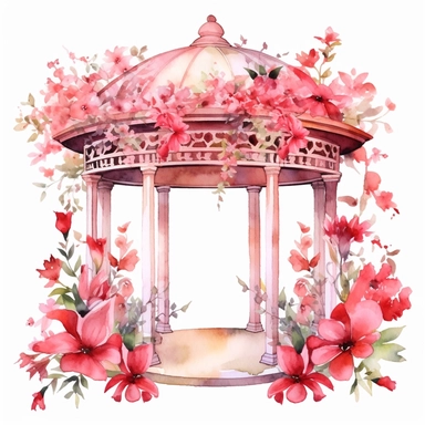 Watercolor Floral Gazebo Clipart, red and pink, white background