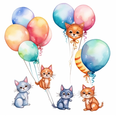 flying cat tied to a balloon clipart, balloons lined up side by side clipart , party balloons clipart, birthday party centerpiece, watercolor clipart