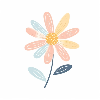 Soft pastel daisy clipart against a clean white background. The illustration features a charming daisy with gentle pastel petals and a sunny yellow center. The color palette includes soft shades of pink, yellow, and blue. The white background creates a contemporary and minimalistic look, allowing the daisy to exude its soft and delicate beauty. The lighting is soft and even, accentuating the flower's simplicity and creating a sense of warmth. The atmosphere exudes a feeling of tranquility and na
