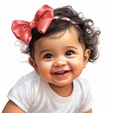 Adorable, cute, mexican, baby girl, happy, smiling, wearing a re shirt and a satin ribbon in her hair, extreme focus, professional artists rendition, no text, no logo, no name, no letters, Highly Detailed, clip art, white background, smooth edges, flawles
