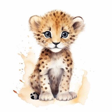 a harmonious baby leopard with kind eyes clipart with watercolor illustration,full body shot,8k,etsy style, white background