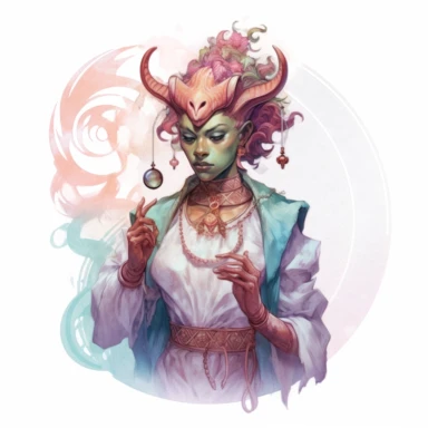 tiefling Merchant, clipart, intense white and deep pastel colors, dnd, watercolor, no background, isolated on a white background, self contained, well defined edges, by amy sol and magali villeneuve and susan bourdet and ross tran, spaced out, glowy, intricate, 8k