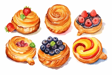 watercolor Danish pastry clipart, hd, white background, spaced out