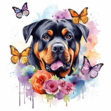 a vibrant watercolor clipart image of a dog Rottweiler with a white background, surrounded by colorful flowers and butterflies.