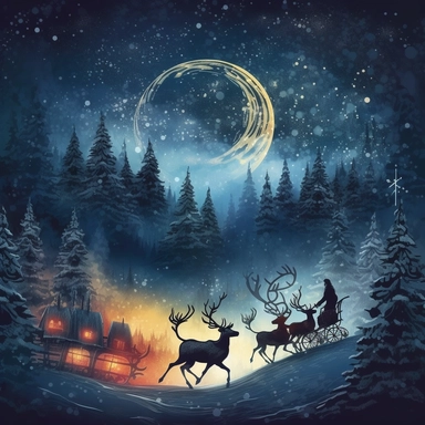 5. Create a captivating clipart silhouette of Santa's sleigh, drawn by 12 magnificent reindeer, flying across a clear night sky, silhouetted against a large full moon, creating an ethereal and festive scene, clipart, vintage style--q2--s1000