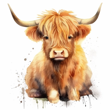 Create a delightful watercolor clipart of a Highland cow sitting down, in a close-up view that highlights its cuteness and innocent nature, using ultra HD image quality to bring out the details and create an artwork that captures the viewer's heart.