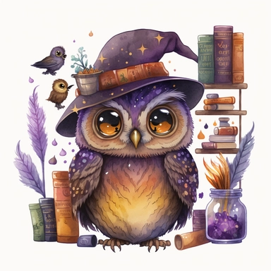 Watercolour cute witches owl, wearing a witch hat, clipart. The owl is sitting on a bookshelf, surrounded by books and potions. Its feathers are a mix of dark and orange shades, and its eyes are looking directly at the viewer. The witch hat has a purple ribbon, and the owl is holding a feather quill in its wing. The bookshelf is in a dark, candlelit room, with cobwebs and a cauldron in the corner. The books have titles like The Art of Witchcraft and Magical Potions and Spells. The potions on the