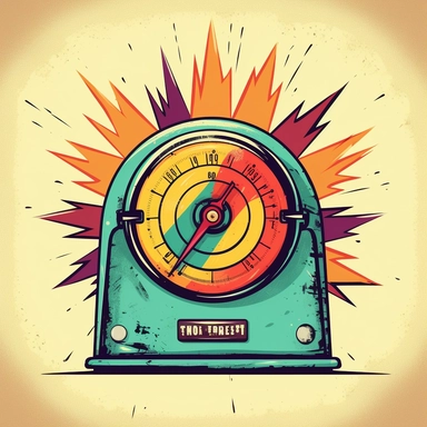 vintage cartoon clipart risk gauge meter with bright colors and an arrow pointing to high facing straight with an explosion behind it