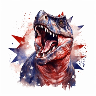 Realistic Dinosaurs illustration, black Giganotosaurus, patriotic pattern, Stars and Stripes, red, white, blue, watercolor, 2d game art, quadratura, clipart, on white background,