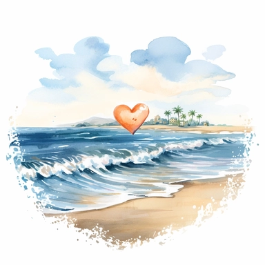 Heart beach, retro beach, beach heart, sunshine, watercolor beach heart clipart, hd, on white background, spaced out ar 3:2-- s1000