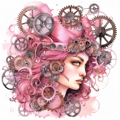 pink watercolor steampunk magician clipart, metallic, gears, iron pink gray black, 32k. highly detailed