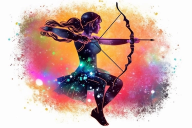 bow and arrow, sagittarius woman archer, rainbow, galaxy, clipart