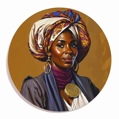 regency African female elf elven noble guild merchant politician, Josh Kirby Mad Max Lord of the Rings, handpainted enamel punk zine indie retrowave, clipart illustration character portrait, circle white background
