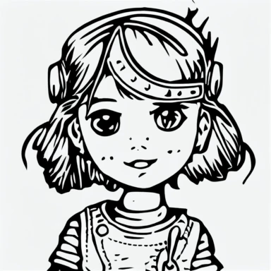 precise lines, simple drawing, 1 1bit, 1 white steampunk little girl, 1 sticker art, 1 color by numbers, 1 coloring page for adults, 1 , printable outlined artwork, 1 coloring book page, 1, line art, 1 white backdrop, crisp lines, vector image, svg style, clipart style,