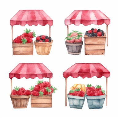 watercolor A clip art 4 set of images featuring a cute farmers market stall with raspberries isolated white background, minimalist, 8K