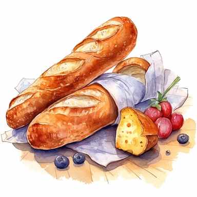 water color french baguette and cheese clipart, vivid colors, hyper realism