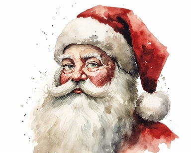 1950’s. Retro Santa Claus face with his classic white beard and red stocking cap trimmed in white fur. Watercolor clipart, Retro Santa Claus face