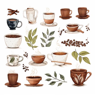 Create clipart sets featuring different types of coffee and tea cups, mugs, coffee beans, tea leaves, and brewing equipment on white background