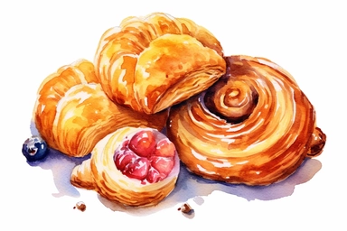 watercolor Danish pastry clipart, hd, white background, spaced out