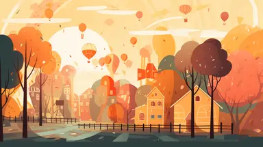 Create a whimsical clipart-style image capturing the atmosphere of graduation season on a school campus. The image should feature a variety of elements that evoke the feeling of being a student, such as classrooms, a playground, a podium, students' backs, sunlight shining through the trees, a morning sky, a basketball court, desks and chairs, and blackboards. The image should be colorful and cheerful, with simple shapes and bold outlines. It should convey a sense of joy and nostalgia, celebratin