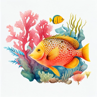 vintage colorful watercolor coral reef clipart red lobster and yellow flounder transparent background
