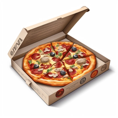 An intricately detailed illustration of a pizza in the pizza box, rendered in a realistic style with rich textures and shading to evoke a sense of depth and realism. The mood is sophisticated and indulgent, with a focus on the decadent toppings and high-quality ingredients. The lighting is soft and warm, creating a cozy ambiance. Vector illustration, clipart, white background.